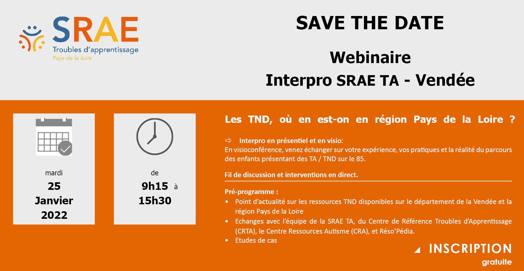 Journée interprofessionnelle Vendée En présentiel et en visio. Venez échanger sur votre expérience, vos pratiques et la réalité du parcours des enfants présentant des troubles d'apprentissage et des troubles du neurodéveloppement (TND) sur le 85. Fil de discussion et intervention en direct. Pré-programme : -Point d'actualité sur les ressources TND disponibles sur le département de la Vendée et en région Pays de le Loire. -Echanges avec l'équipe de la SRAE TA, du Centre Référent des Trouble d'Apprentissage (CRTA), le Centre Ressources Autisme (CRA) et le Réso'Pédia. -Etudes de cas.