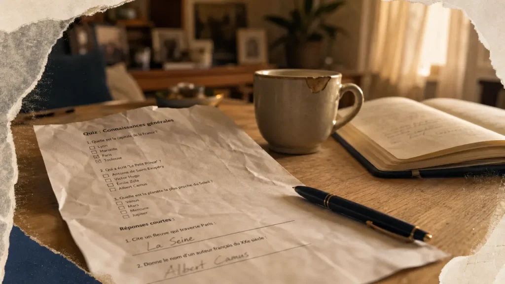 12 histoires drôles à raconter, quiz et stylo sur table