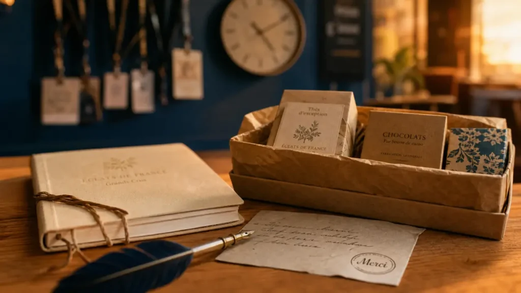 Cadeau de départ pour un collègue : carnet, chocolats et carte Merci sur table de pause
