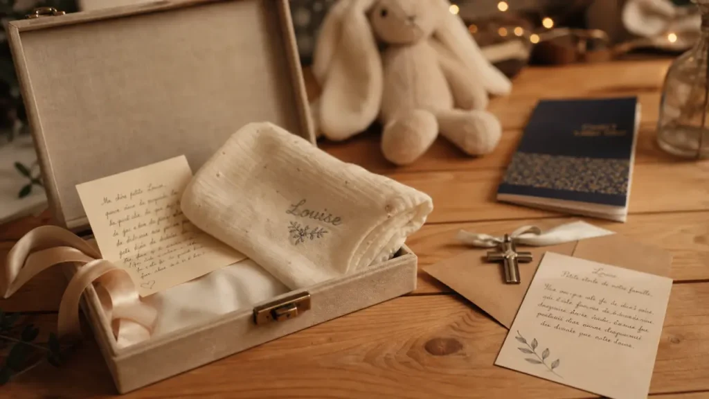Cadeau filleul naissance baptême, boîte de souvenirs et lettre manuscrite