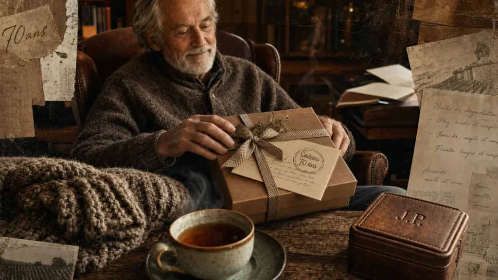 Cadeau homme 70 ans : boîte cadeau et carte personnalisée, ambiance chaleureuse
