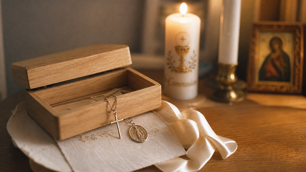 Cadeau pour communion : croix et médaille sur une table