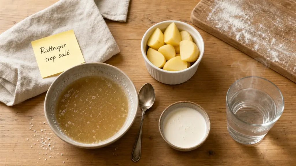 Comment rattraper un plat trop salé : diluer, absorber, rééquilibrer (bouillon salé, eau, crème)