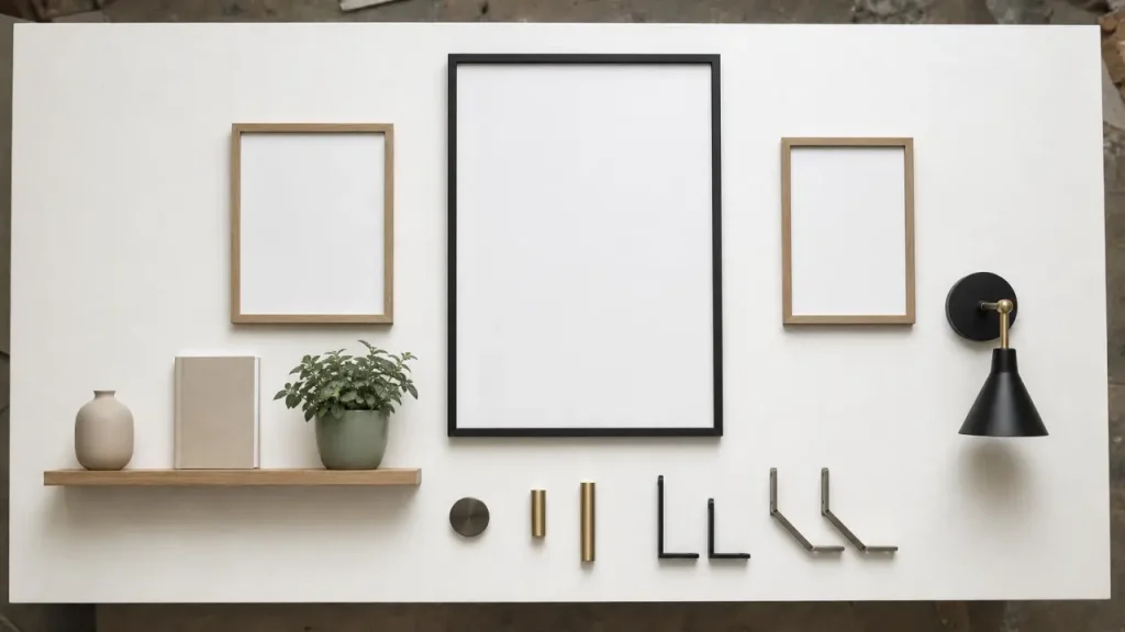 Décorer un mur blanc avec cadres, lumière et reliefs sur fond blanc