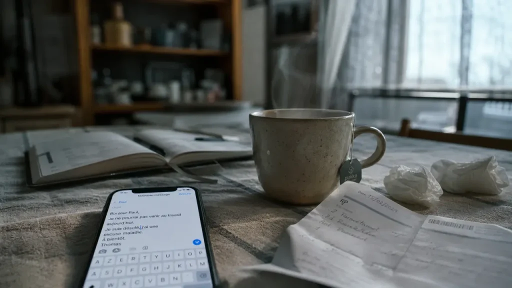 Excuse pour ne pas aller au travail : brouillon de message maladie sur téléphone