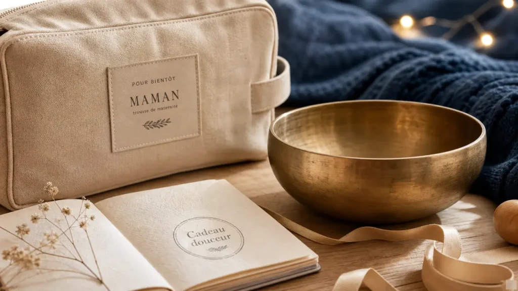 Idée cadeau femme enceinte : bol de grossesse en laiton sur table en bois