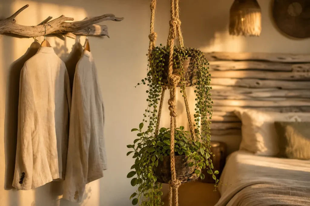 Idées déco bois flotté ambiance nature : intérieur avec bois flotté et plantes