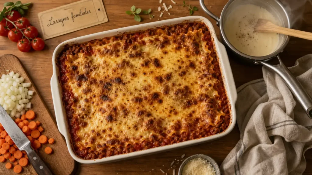 Plats familiales : grande lasagne au four, béchamel et sauce tomate