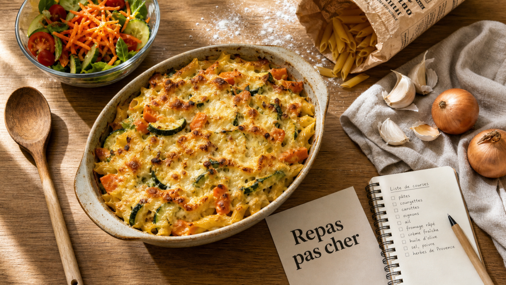 Repas pas cher pour 12 personnes : gratin de pâtes aux légumes