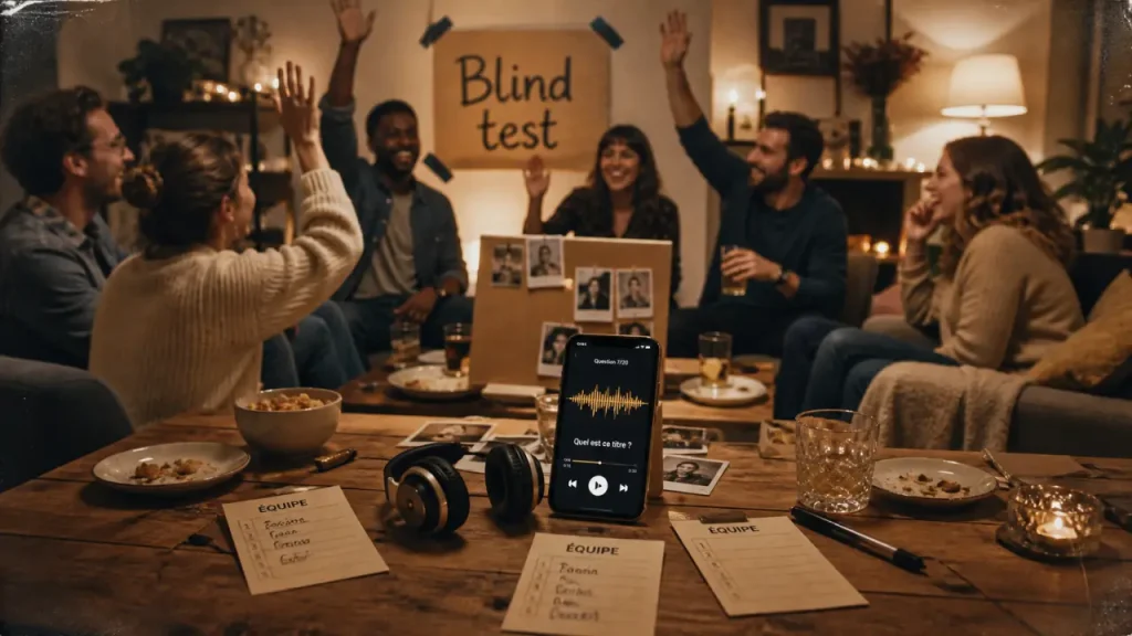 Activité soirée Blind test entre amis, quiz au salon chaleureux
