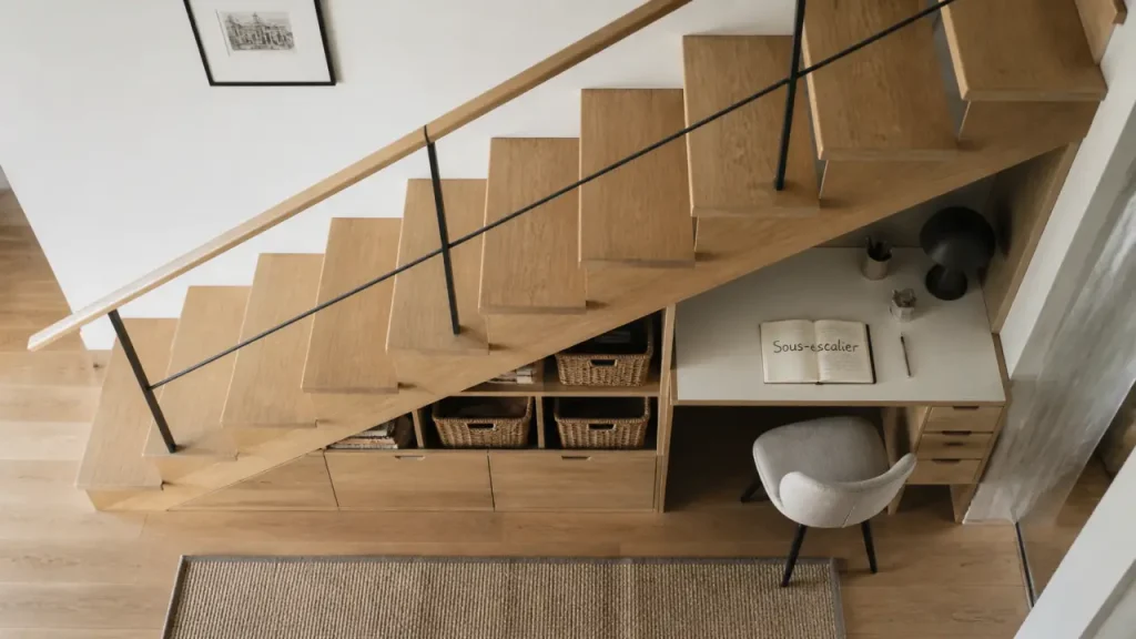 Aménagement sous escalier ouvert : niches, tiroirs et petit bureau sous escalier ouvert