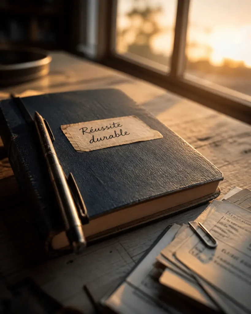 Citation réussite : Réussite durable, carnet et stylo sur bureau