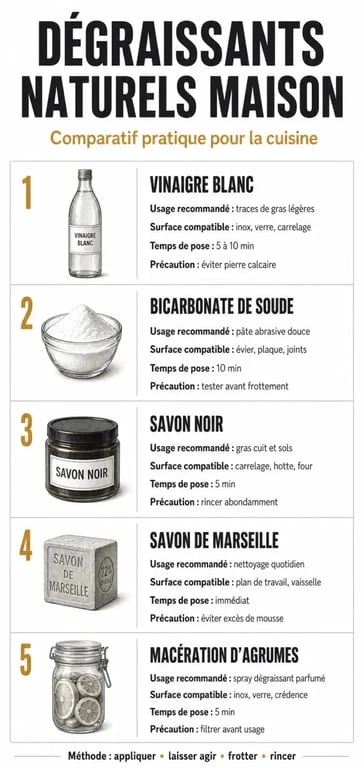 Dégraissant naturel maison : recettes, usages et précautions en tableau visuel