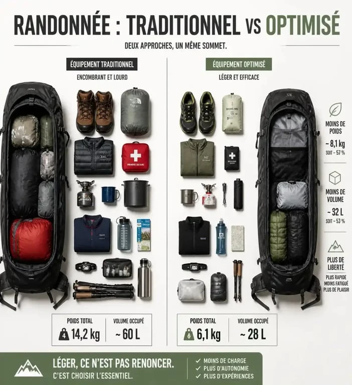 Comparaison visuelle entre un équipement traditionnel et un équipement pour randonner léger