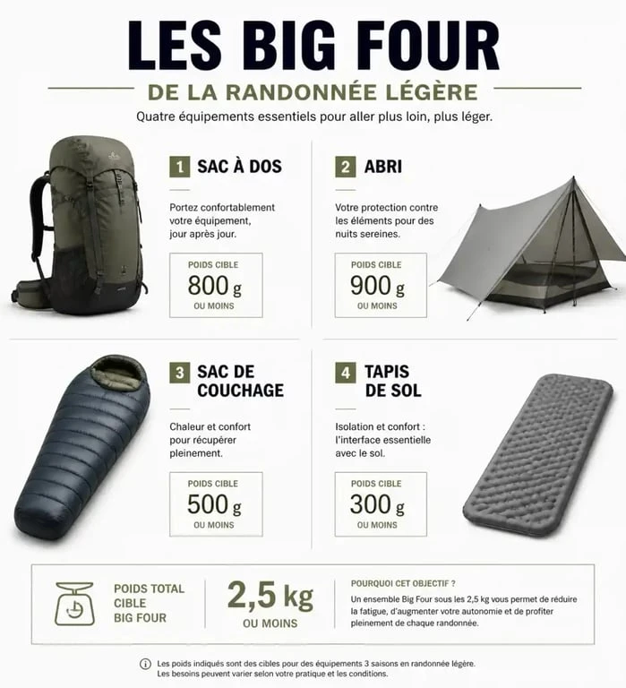 Infographie des 4 piliers pour randonner léger : sac, abri, couchage et tapis de sol