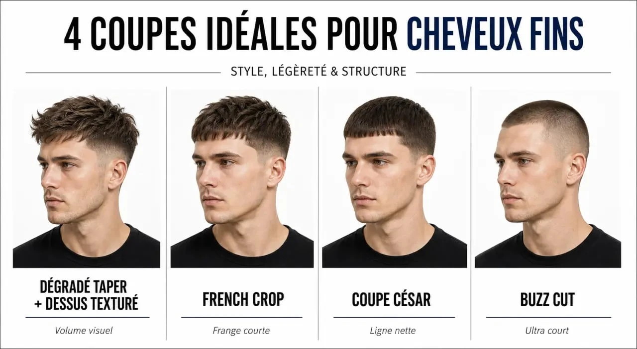Coupe pour cheveux fin homme : comparaison visuelle des coupes adaptées aux cheveux fins et clairsemés