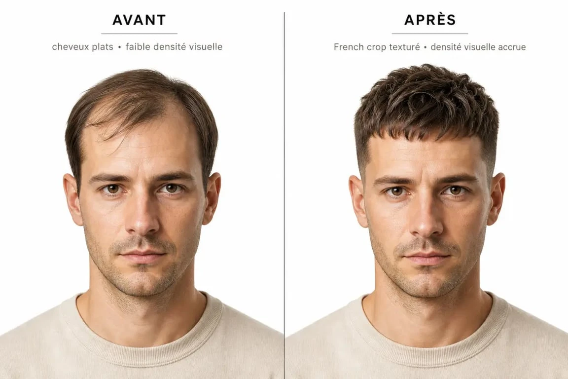 Coupe pour cheveux fin homme : avant/après entre cheveux plats et coupe texturée courte pour paraître plus dense