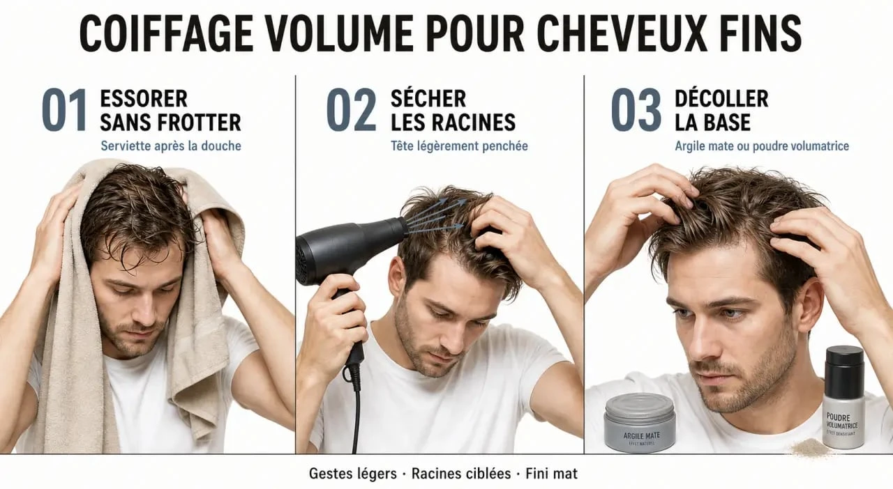 Coupe pour cheveux fin homme : séchage aux racines et application d’argile mate pour gagner du volume