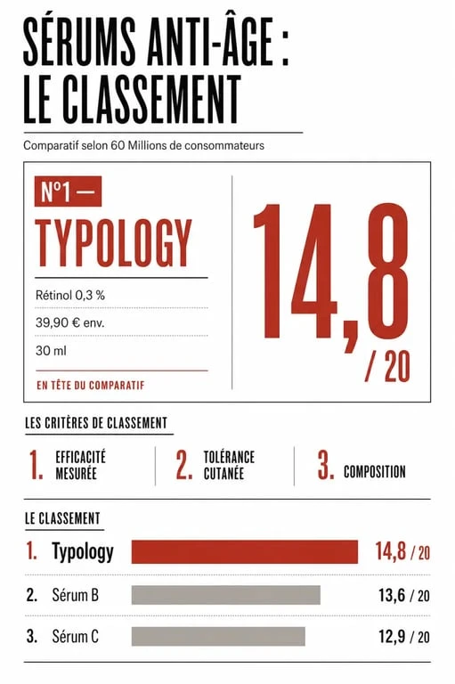 Meilleur sérum anti-âge 60 millions de consommateur : infographie comparative du gagnant Typology, de sa note 14,8/20 et des critères du test