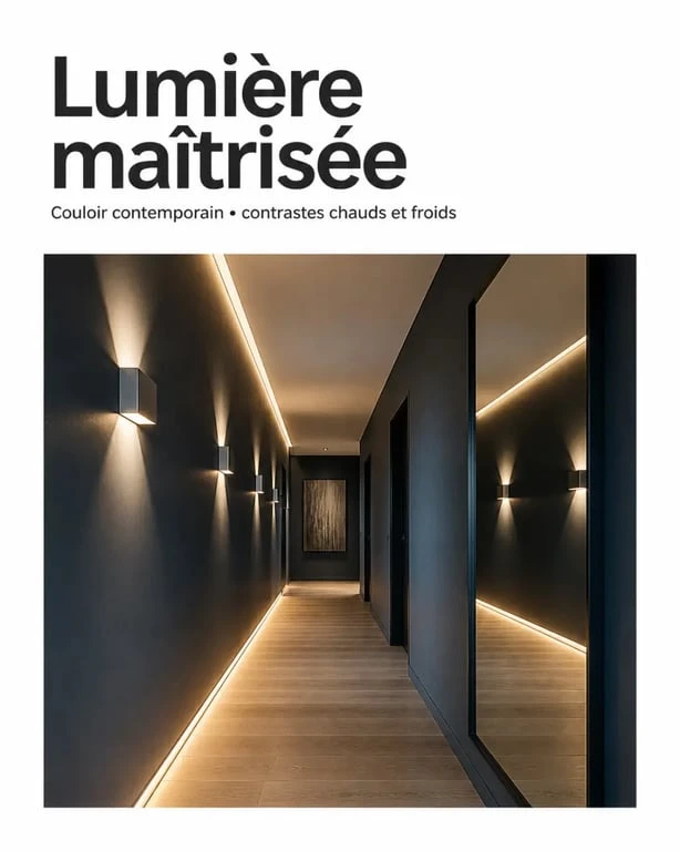Idée déco couloir moderne avec éclairage multipoint et miroir pour un couloir sombre