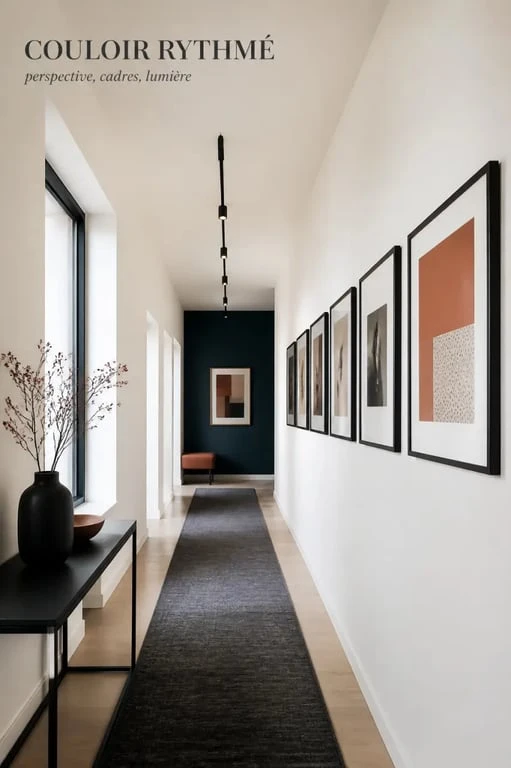 Idée déco couloir moderne avec galerie murale et mur du fond coloré dans un long couloir