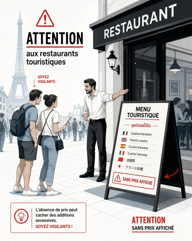 Éviter les pièges à touristes dans une rue très fréquentée avec menus multilingues et rabatteur