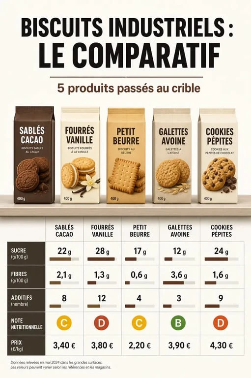 Meilleurs gateaux industriels : tableau comparatif des biscuits les moins sucrés, avec critères de composition, note nutritionnelle et prix