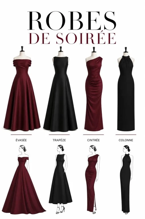 Robes de soirée chic et classe : silhouettes évasées, trapèze, cintrée et colonne présentées dans une composition éditoriale sobre