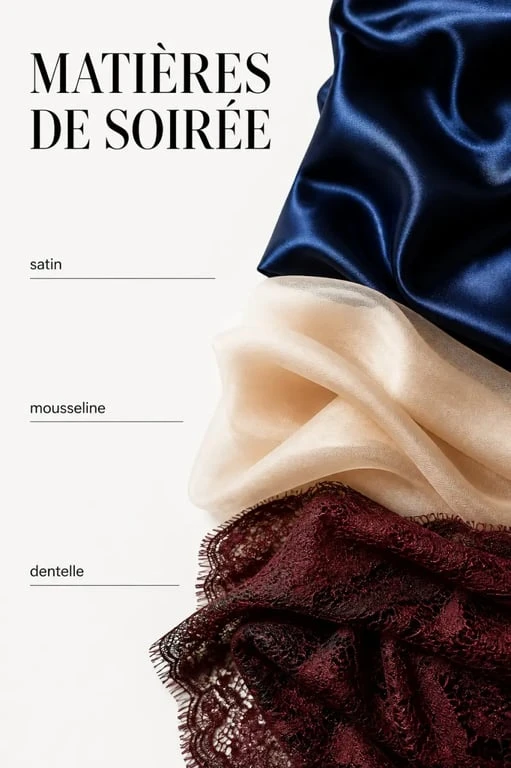 Robes de soirée chic et classe en satin, mousseline et dentelle avec palette bleu marine, bordeaux et champagne