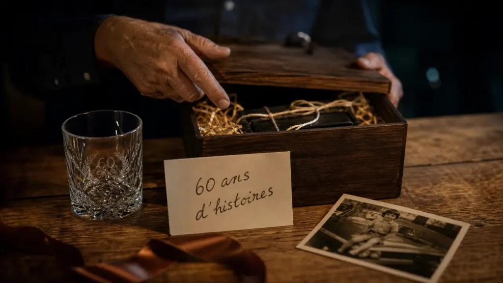 Idée cadeau 60 ans homme : coffret personnalisé en bois et carte