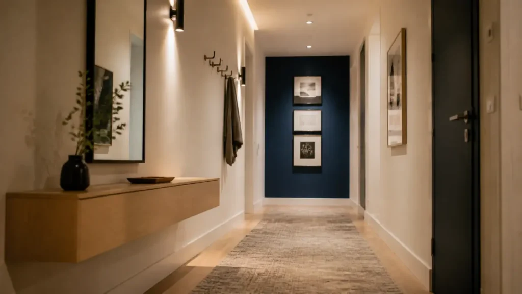 Couloir moderne : lumière, rangements fins et couleurs qui agrandissent vraiment