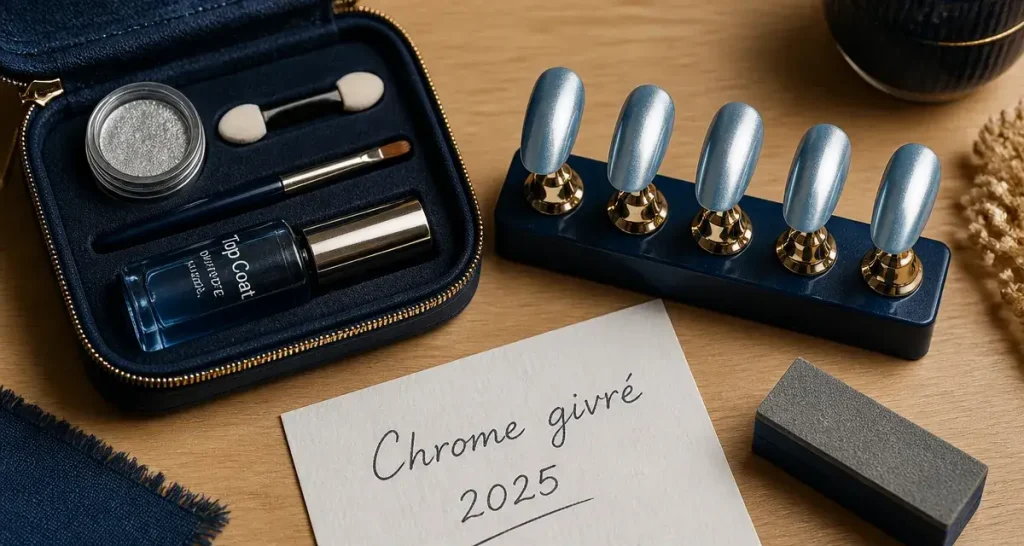 Ongle de noel 2025 : effet chrome givré sur ongles bleus glacier