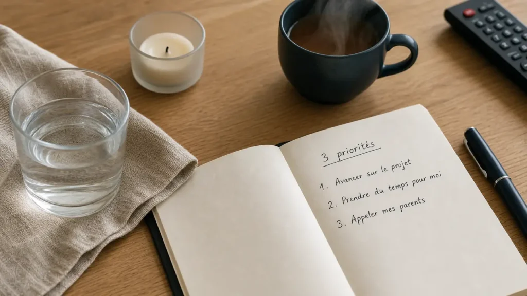 Prendre soin de soi simplement : pause bien-être de 5 minutes, thé et eau sur table