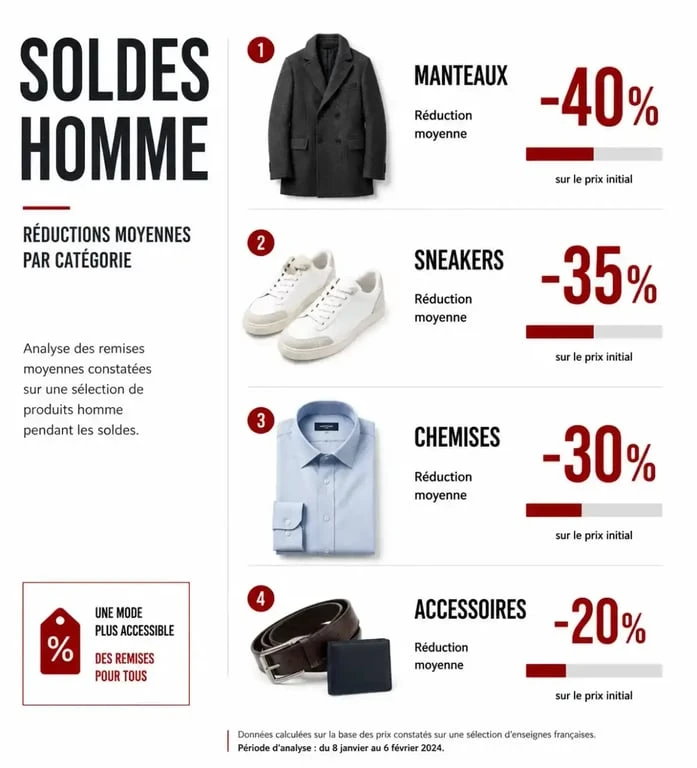 Infographie des réductions moyennes par catégorie de vêtements pour les soldes homme