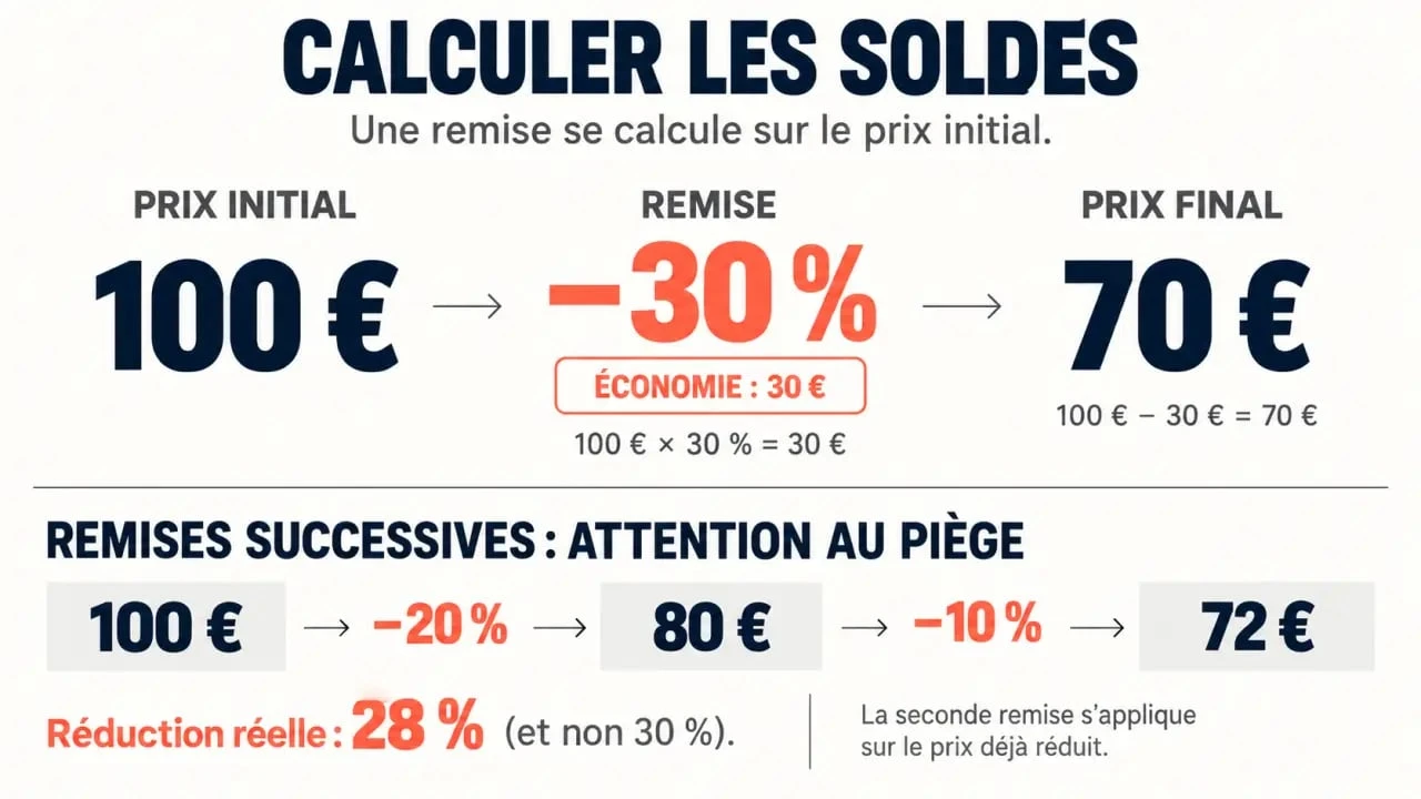 Calculatrice pour les soldes avec prix initial, remise, économie et prix final