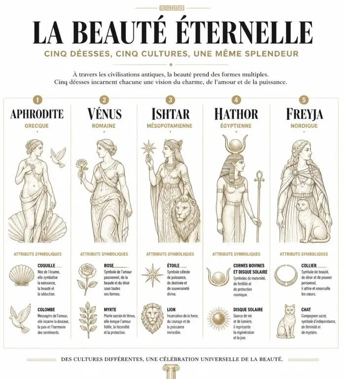 Déesse de la beauté : comparaison entre Aphrodite, Vénus, Ishtar, Hathor et Freyja
