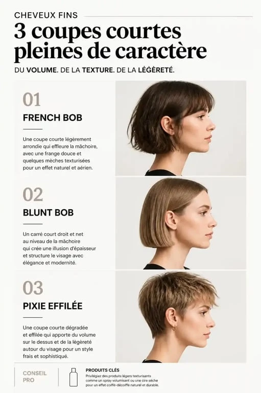 Exemples de coupes courtes pour cheveux fins : French Bob, Blunt Bob et Pixie effilée pour donner du volume.