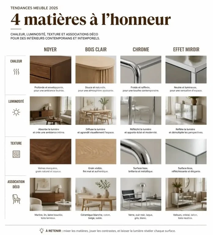 Infographie des matières du meuble tendance 2025 : noyer, bois clair, chrome et effet miroir