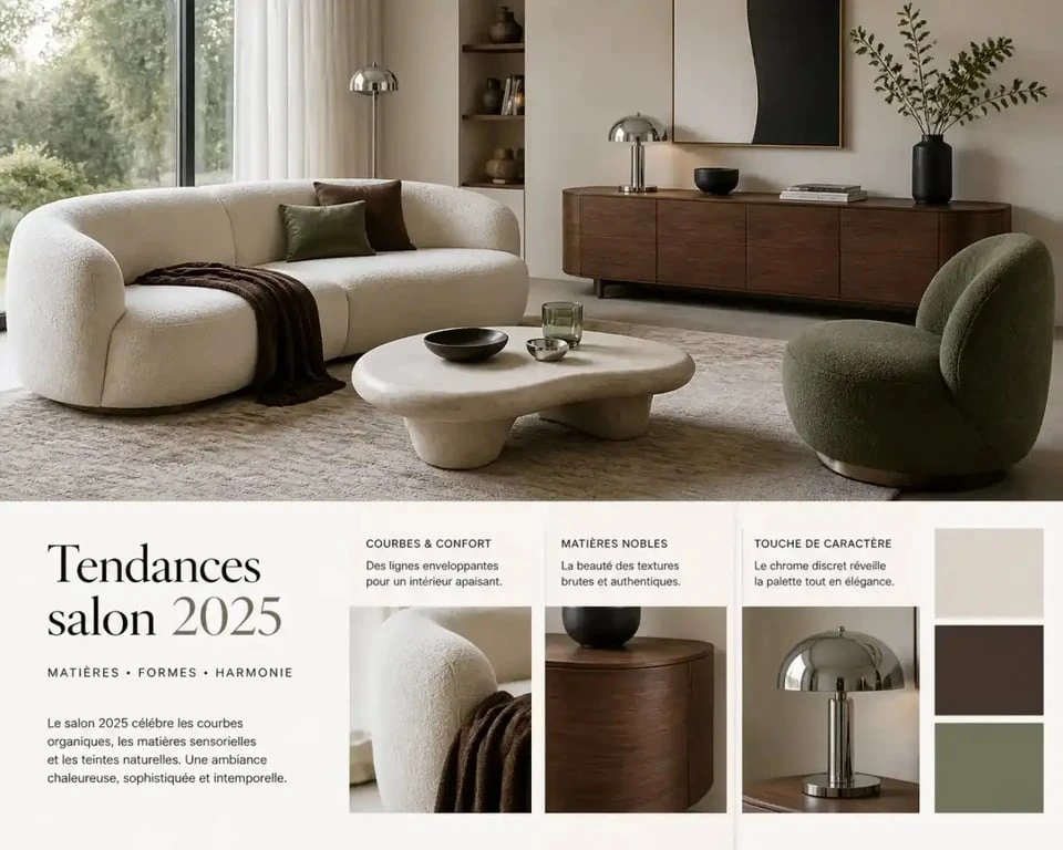 Salon avec meuble tendance 2025, formes arrondies, noyer et touches de chrome