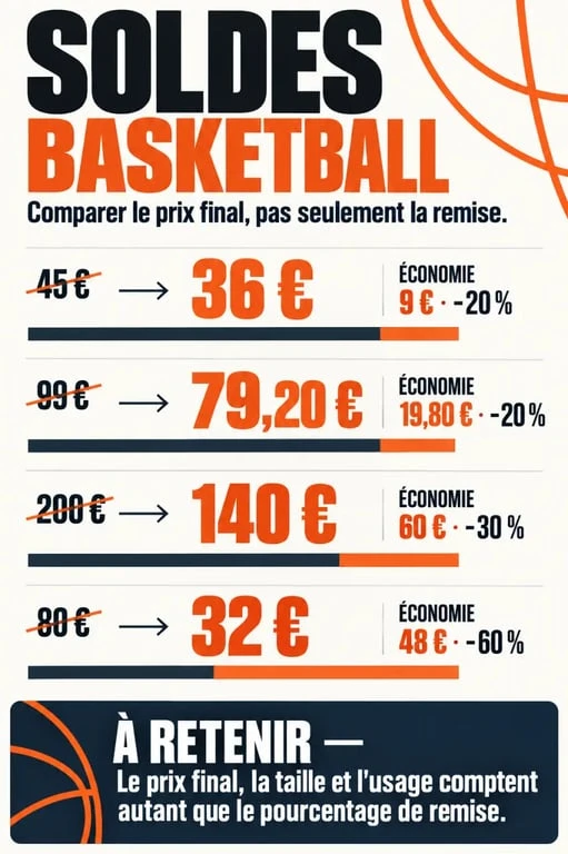 Infographie basketball soldes comparant prix initial, prix soldé et pourcentage de remise