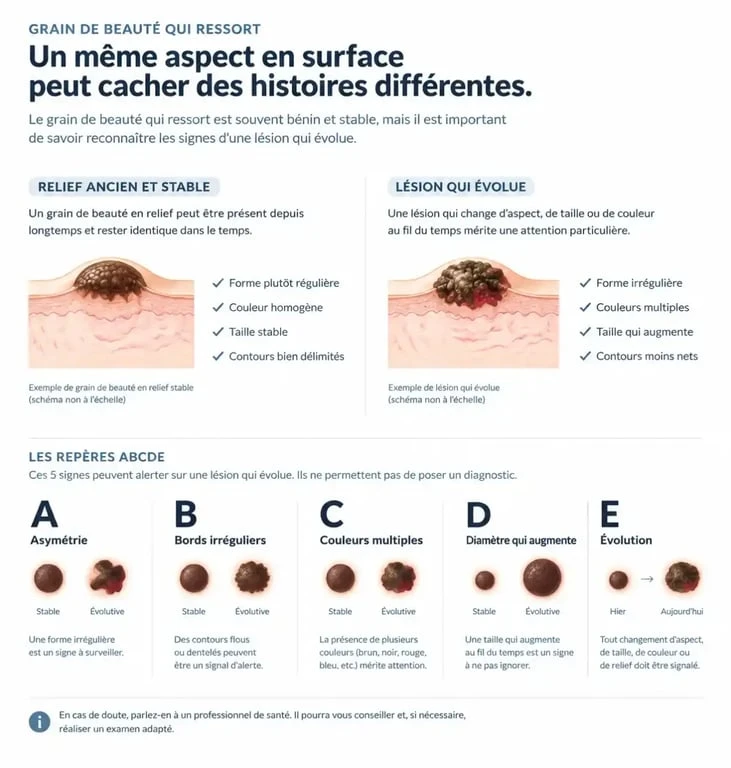 Grain de beauté qui ressort : repères ABCDE et signes d’évolution à surveiller