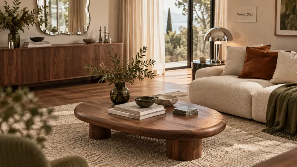 Meuble tendance 2025 : table basse noyer et accents chrome, salon lumineux