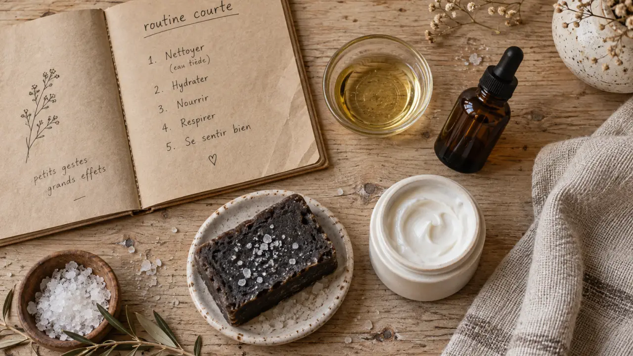 Astuce beauté coquetteetnaturelle.com : routine simple, crème et huile sur serviette en lin