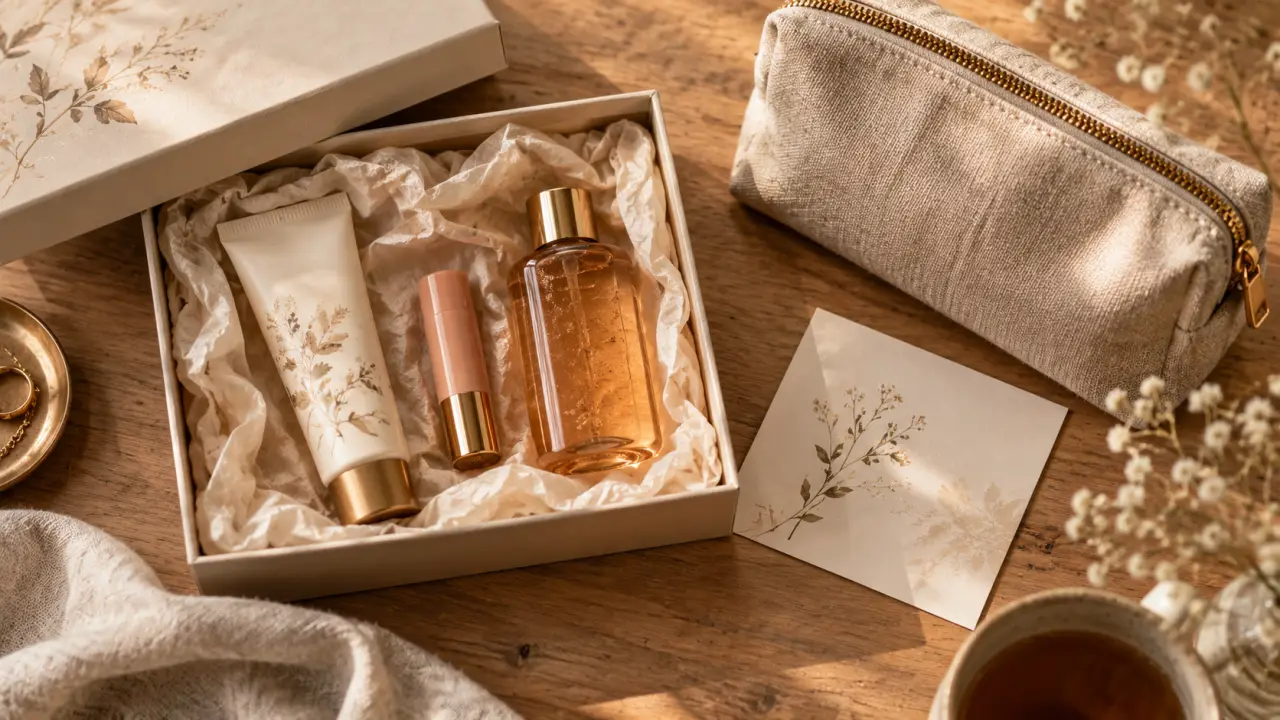 Coffret beauté femme : crème mains, baume lèvres et gel douche