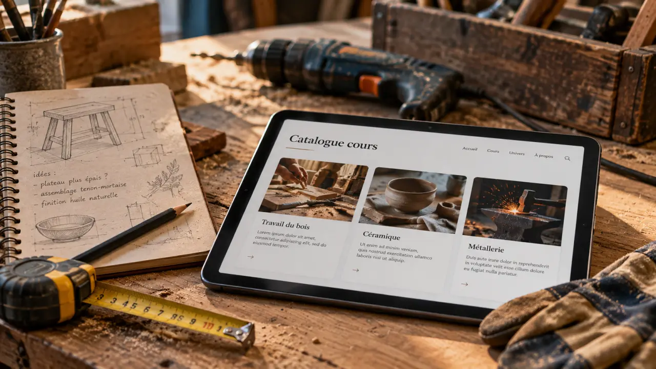 Catalogue de cours de bricolage coursdubricoleur sur établi, gants et outils