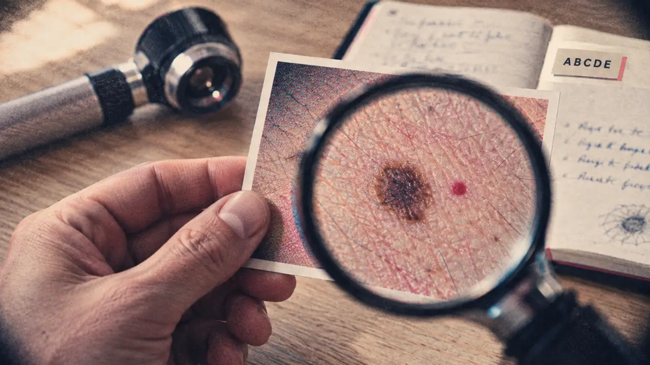 Photo d’un grain de beauté rouge examiné à la loupe médicale